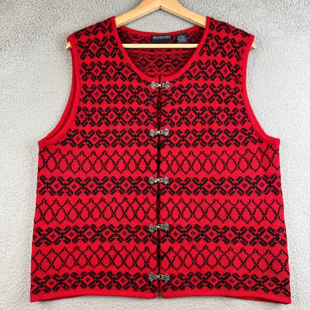 Bridgetown Collection Red  Fair Isle Knit Vest Wool Blend Clasps Australia L